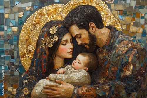 A detailed mosaic of the Holy Family, embellished with radiant tiles and sparkling gold highlights. Mary, Joseph, and baby Jesus, christmas scene