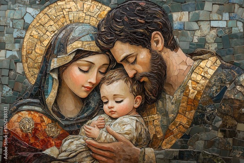 A detailed mosaic of the Holy Family, embellished with radiant tiles and sparkling gold highlights. Mary, Joseph, and baby Jesus, christmas scene