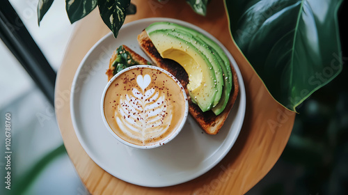 Flat white with avocado toast styled with a minimalist setup on a white plate