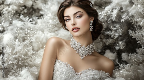 A beautiful woman in a stunning white gown embellished with diamonds, wearing a dazzling diamond necklace, exuding elegance and luxury