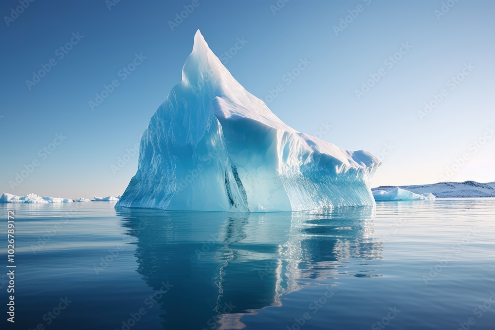 Iceberg in the water of Antarctica, large blue ice blocks floating on calm sea Iceberg in the water of Antarctica, large blue ice blocks floating on calm sea