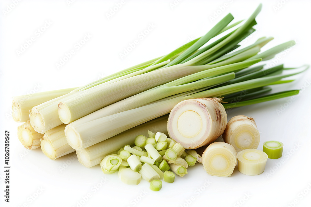 Isolated Lemongrass Cut in Half and Whole on White Background Isolated Lemongrass Cut in Half and Whole on White Background