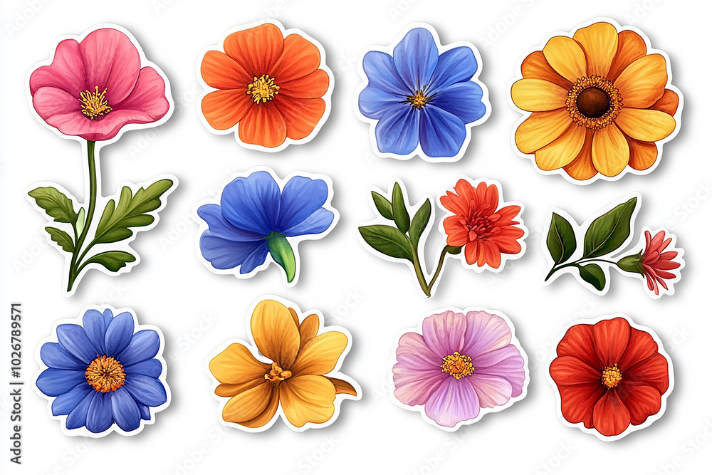 Isolated cut sticker set of flower on white background