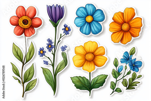 Isolated cut sticker set of flower on white background