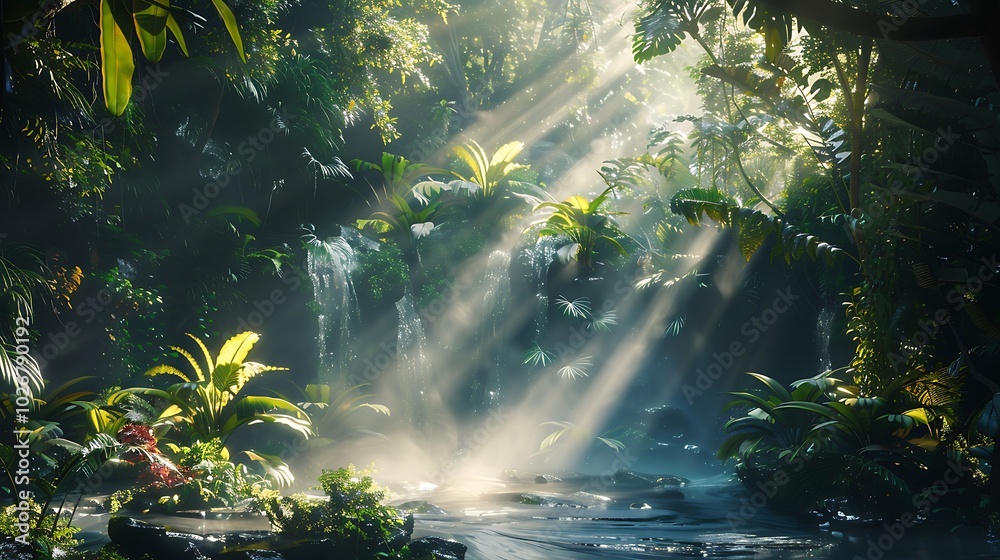 Lighting pours over foliage of plants in a tropical rainforest surrounded by a beautiful falls Lighting pours over foliage of plants in a tropical rainforest surrounded by a beautiful falls