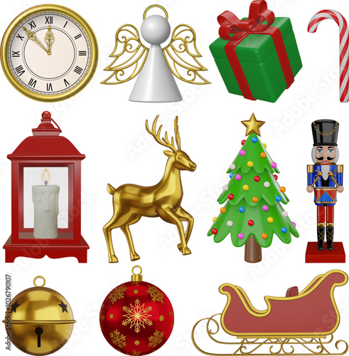 set of isolated 3d christmas elements. collection of realistic christmas decorations. 