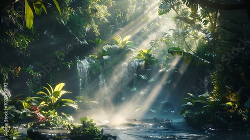 Lighting pours over foliage of plants in a tropical rainforest surrounded by a beautiful falls