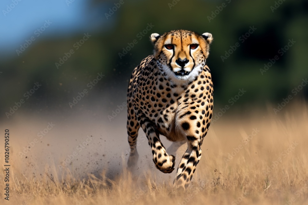 A cheetah sprinting across the savanna, its powerful muscles rippling as it races after prey, kicking up dust as it speeds through the golden grasslands A cheetah sprinting across the savanna, its powerful muscles rippling as it races after prey, kicking up dust as it speeds through the golden grasslands