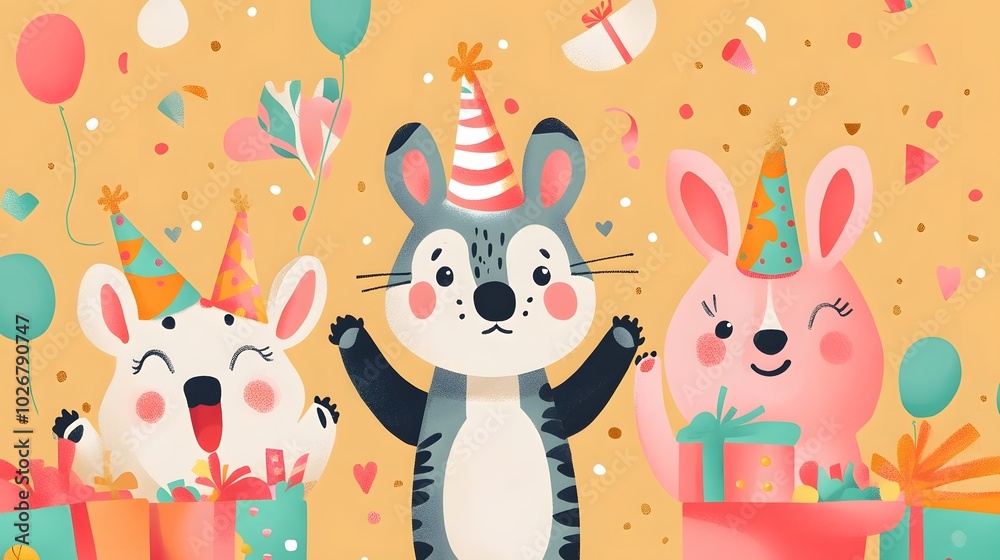 Three Cartoon Animals Celebrating a Birthday with Gifts and Balloons