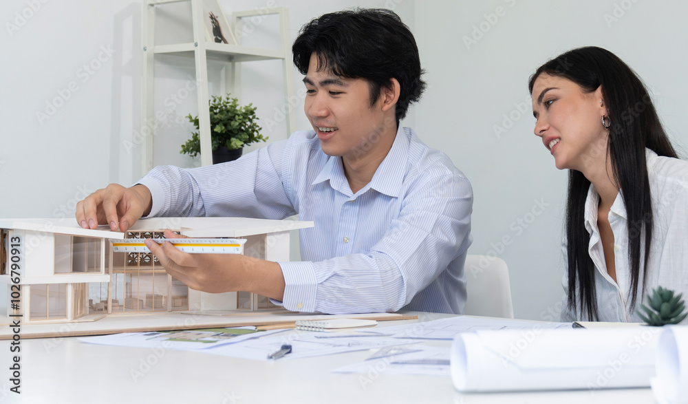 Portrait of cooperative engineer team working together to measure house model by using ruler and architectural equipment. Creative business design and teamwork concept. Immaculate.. Portrait of cooperative engineer team working together to measure house model by using ruler and architectural equipment. Creative business design and teamwork concept. Immaculate..