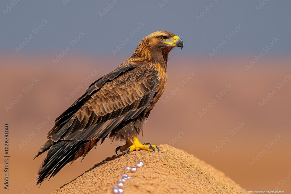 An eagle perched on a high cliff, scanning the valley below for movement, its sharp beak and intense gaze symbolizing its role as a top predator in the sky