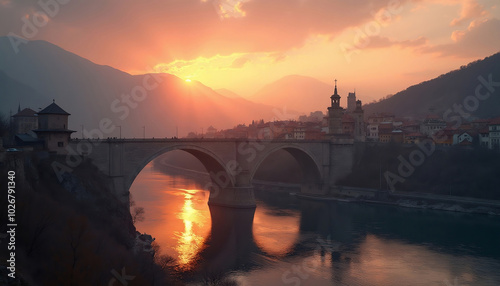View of the Mostar bridge in Bosnia during sunset