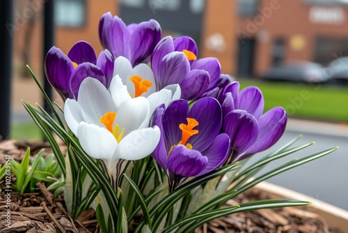 Crocuses blooming in a city park, bringing color to a quiet corner, with their vibrant purple and white petals catching the early spring sunlight photo