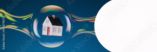 A miniature house with a red door inside a transparent bubble stretched across a vibrant blue background, illustrating the instability and fragility of the housing market.