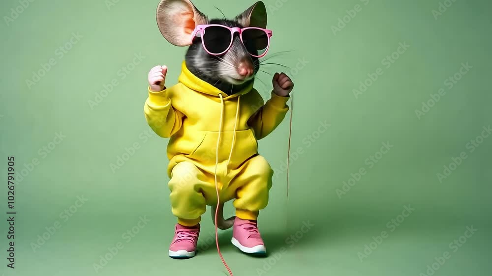 A rat wearing sunglasses, a yellow tracksuit, and pink sneakers, sits against a green background. Funny dancing animal video footage concept