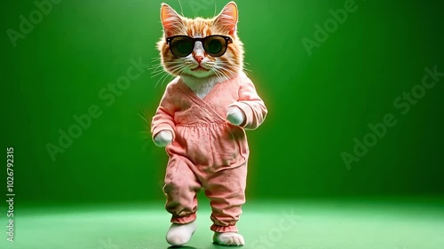 A ginger cat in a pink jumpsuit stands on a green background. Funny dancing animal video footage concept