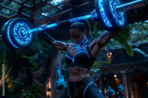 Fantasy warrior lifting a glowing barbell, with mystical energy swirling around the weights as they power through a superhuman workout in an enchanted gym photo