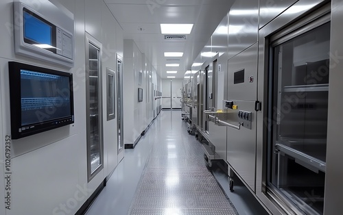 Ultraclean semiconductor cleanroom with automated precision tools, advanced wafer processing equipment, and a sleek, highly sterile environment