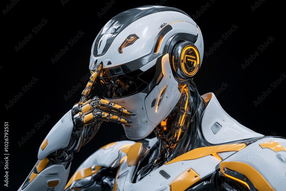 Futuristic robot trying to tell a joke, with a mechanical voice delivering the punchline while the robot makes a series of awkward, programmed gestures, creating an unintentionally hilarious