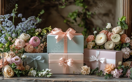 Charming collection of pastel gift boxes in various sizes, each beautifully wrapped and accented with fresh flowers for a whimsical touch photo