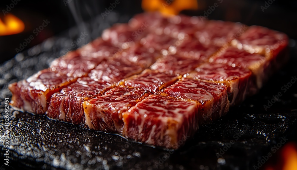 Detailed closeup of grilled yakiniku, emphasizing the rich marbling and caramelized surface, evoking a sense of gourmet delight