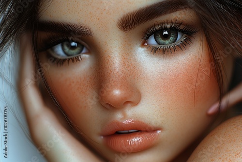 Hyper-realistic close-up of a dollâ€™s face, with detailed textures in the hair, glassy eyes, and tiny eyelashes, making the doll almost lifelike photo