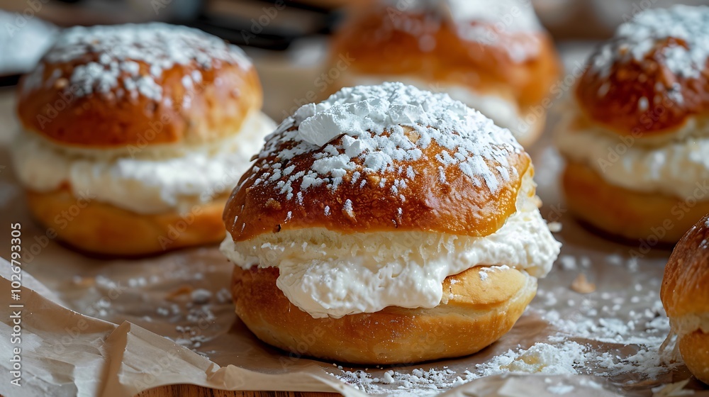 Made tasty buns filled with creme that have been fried and placed on an oak table Made tasty buns filled with creme that have been fried and placed on an oak table