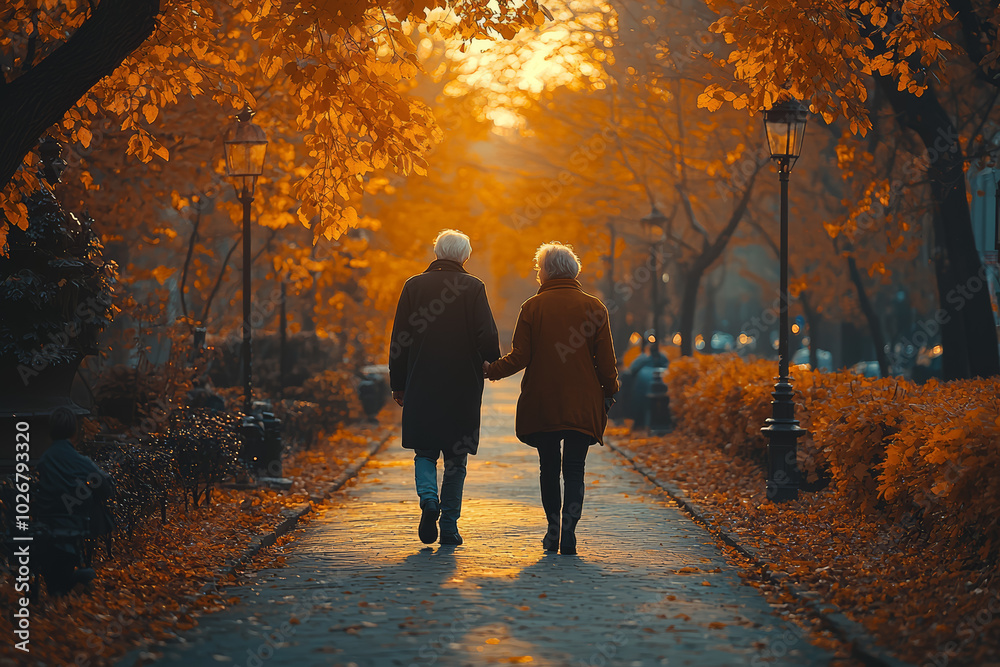 An elderly couple enjoying a peaceful walk in the park, showcasing a balanced and healthy lifestyle. Concept of health. An elderly couple enjoying a peaceful walk in the park, showcasing a balanced and healthy lifestyle. Concept of health.
