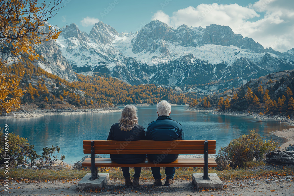 A senior couple enjoying a scenic view from a bench, symbolizing contentment and the joy of simple pleasures. Concept of peace. A senior couple enjoying a scenic view from a bench, symbolizing contentment and the joy of simple pleasures. Concept of peace.