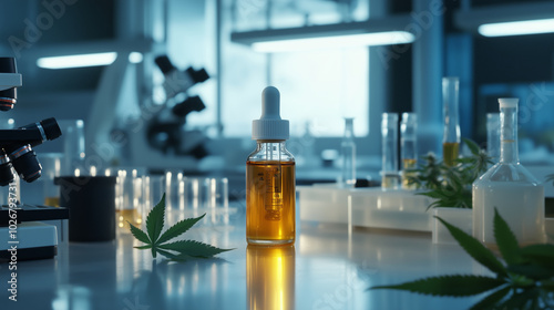 Cannabis oil dropper bottle on lab table with scientific glassware and cannabis leaves