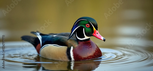 Depiction of a wood duck swimming in water.
