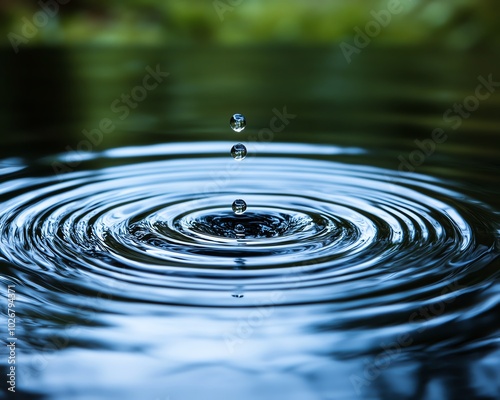 A series of water droplets in motion, captured falling onto a smooth surface, their impact creating ripples and waves, set against a natural background