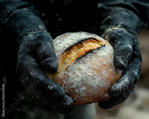 Artistic photograph of hands in black gloves holding a freshly baked bread, with flour dust scattered around, creating a warm, inviting atmosphere photo