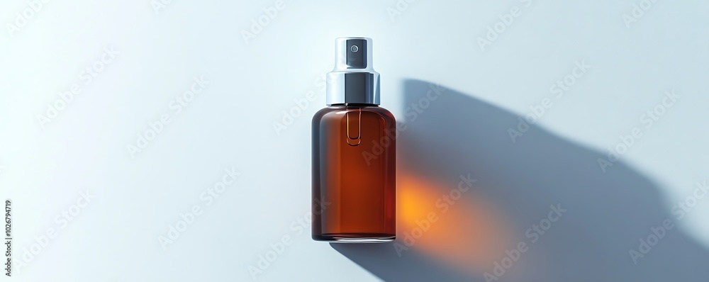 Cosmetic bottle on a bright white backdrop, highlighting its unique shape and label design, creating an inviting and clean visual appeal