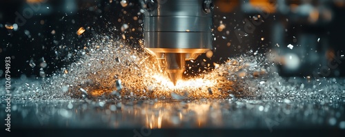 Freezeframe of metal shavings swirling around during a machining operation, taken with highspeed photography, revealing their dynamic forms and glimmering surfaces photo