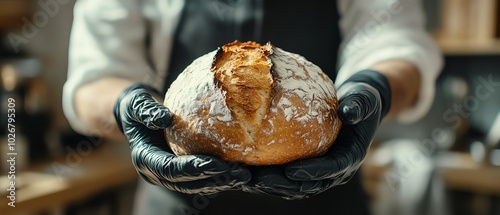 Stylish shot of a person wearing black gloves holding a mediumsized, freshly baked bread, set against a softly lit kitchen backdrop for a homely feel photo