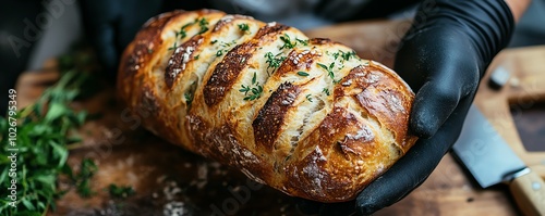 Vibrant image of a person with black gloves holding a perfectly baked loaf of bread, showcasing its texture and crust, with herbs and kitchen tools nearby photo