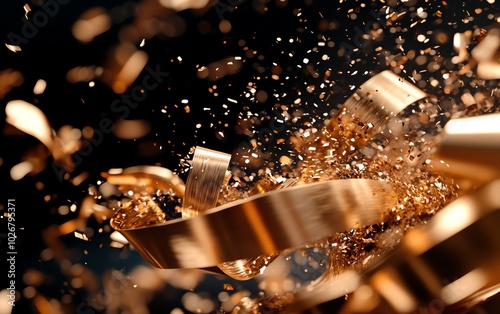 Vivid closeup of highspeed metal shavings in motion, with a focus on their unique shapes and sparkling surfaces, against a contrasting dark backdrop photo