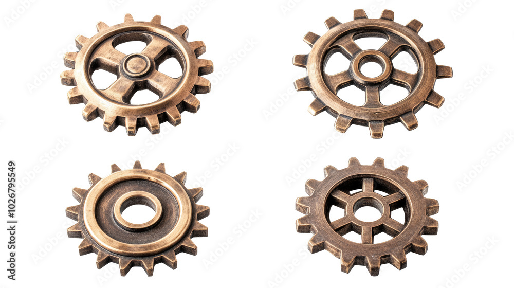 Old Brass Metal Gears Arranged Artistically on a White Background Generative AI Old Brass Metal Gears Arranged Artistically on a White Background Generative AI