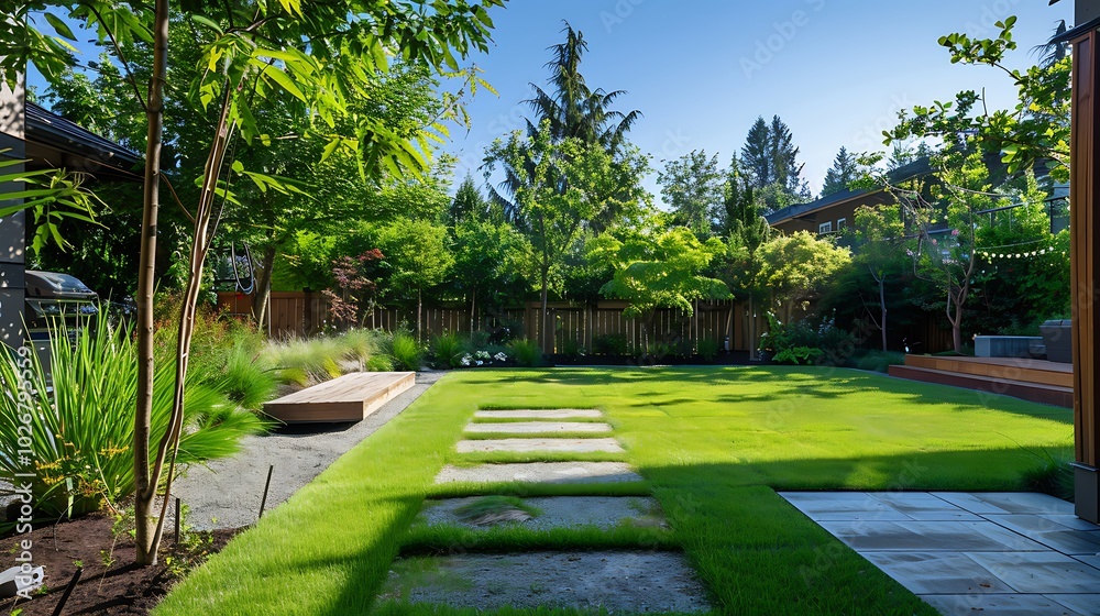 Fototapeta premium Modern the lawn grassland with fence and trees around the back yard area