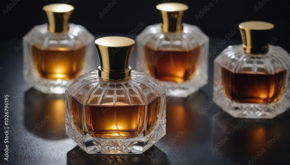 A collection of beautifully shaped crystal-clear perfume bottles elegantly displayed on a dark luxurious backdrop. This striking image is ideal for fragrance industry advertisements and branding. A collection of beautifully shaped crystal-clear perfume bottles elegantly displayed on a dark luxurious backdrop. This striking image is ideal for fragrance industry advertisements and branding.