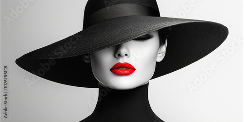 black and white portrait of a beautiful woman in a black hat, red lips