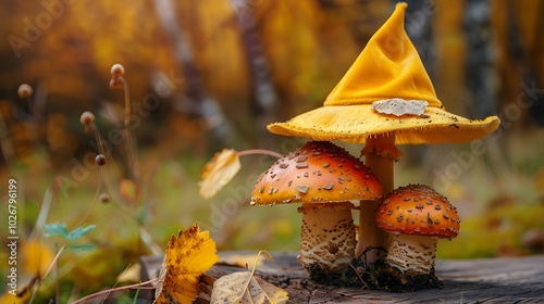 Mushrooms in a yellow witch hat atop a wooden ground photo