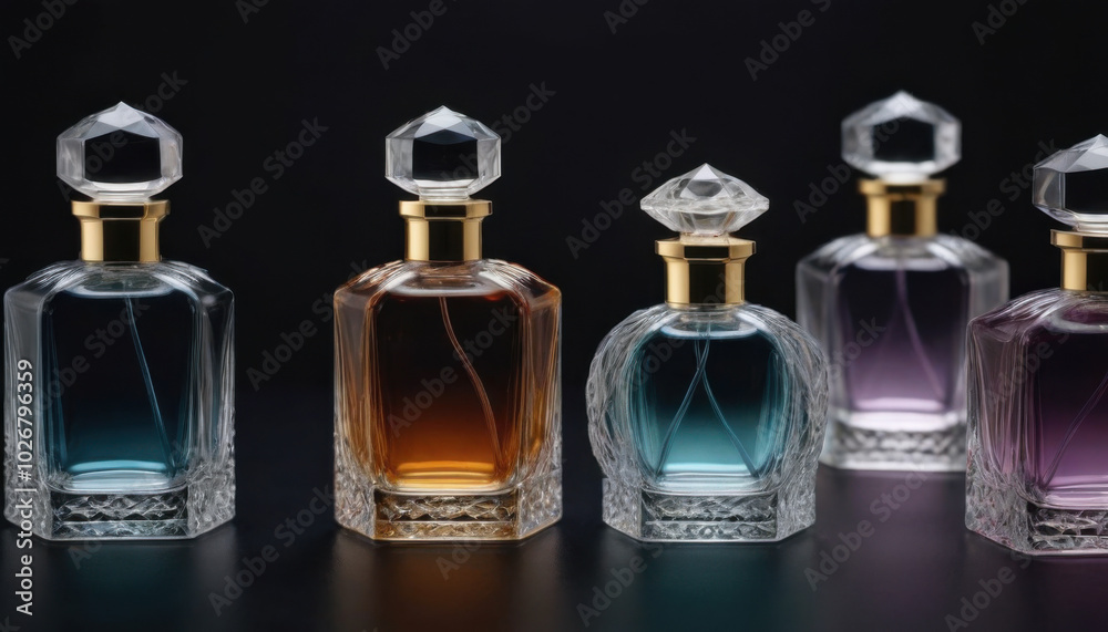 A collection of beautifully shaped crystal-clear perfume bottles elegantly displayed on a dark luxurious backdrop. This striking image is ideal for fragrance industry advertisements and branding. A collection of beautifully shaped crystal-clear perfume bottles elegantly displayed on a dark luxurious backdrop. This striking image is ideal for fragrance industry advertisements and branding.