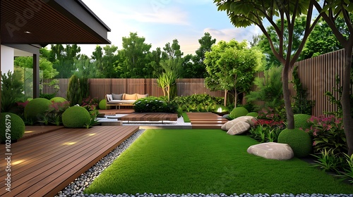 Nice modern backyard with teak flooring fence and emerald grown plants and trees