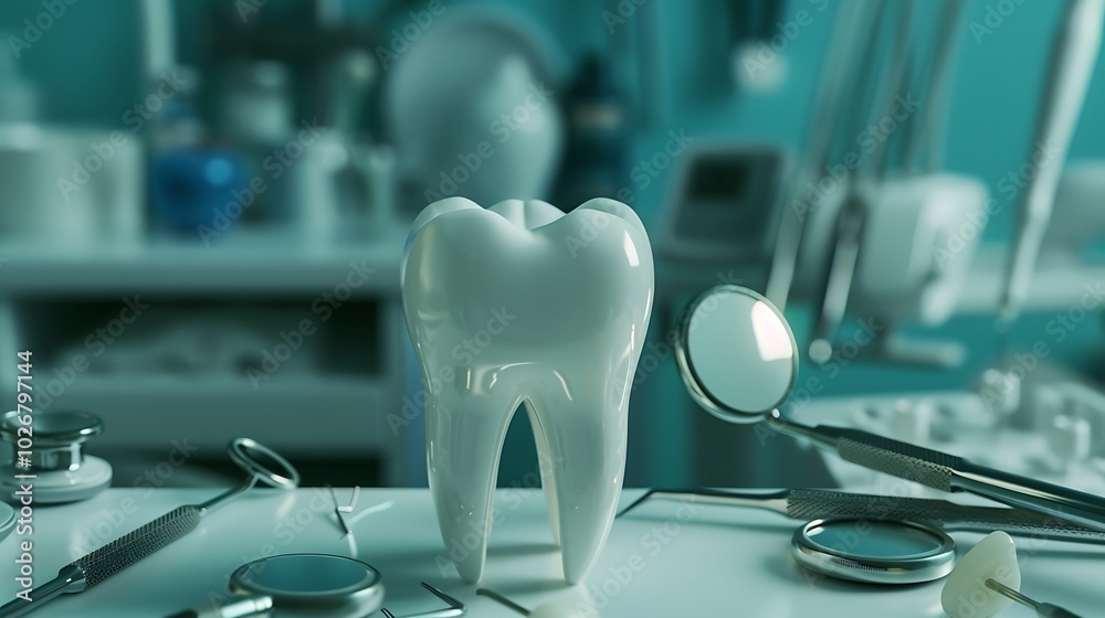 On a medical background an intact tooth with a range of surgical gadgets