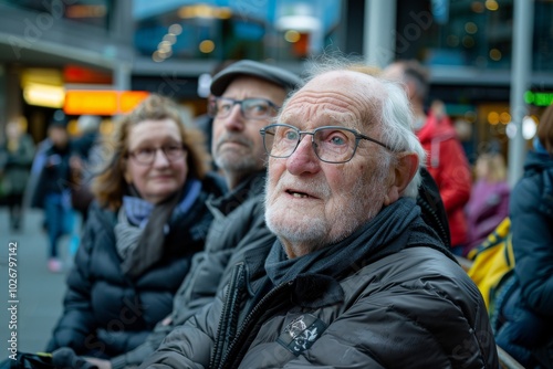 Unidentified senior man with gray hair and glasses sitting on the street in Strasbourg, France