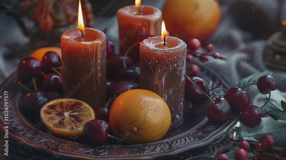 Obraz premium On a plate holding cherries and citrus several brown candles are burning