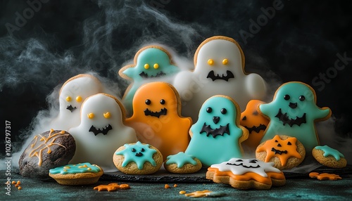 Creative portrayal of a Halloweenthemed candy and cookie assortment, with ghostly designs and bright colors, set against a dark, atmospheric backdrop