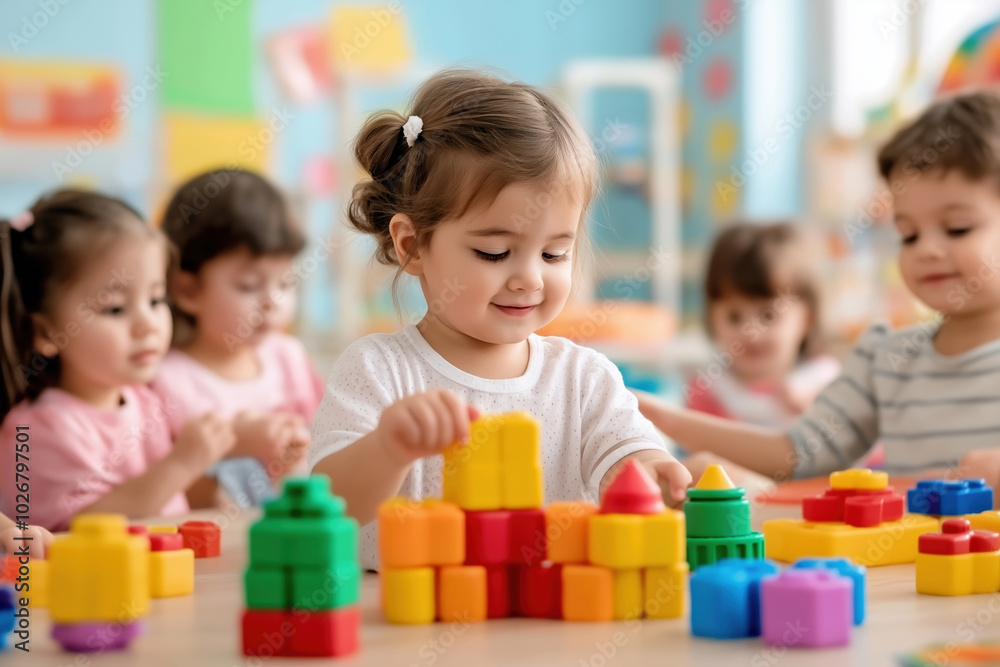 Young children building colorful structures with blocks in a playful classroom setting Young children building colorful structures with blocks in a playful classroom setting